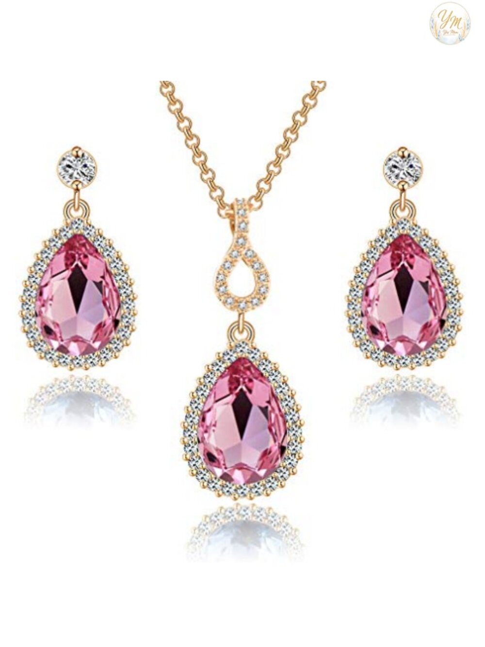 Austrian Crystal Teardrop Jewelry Set 14K Gold Plated Necklace Earrings